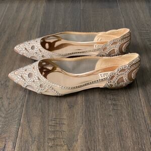 BADGLEY MISCHKA Flat Womens Sz 10 Gigi Rhinestone Pointed Toe Champagne Bridal